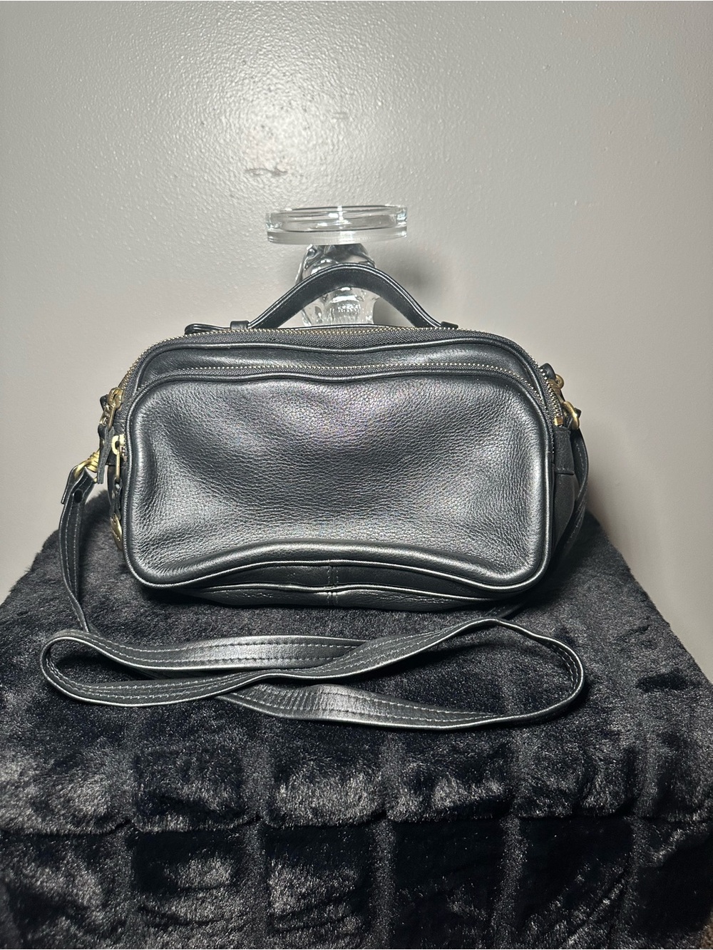Black Vintage 80s Sereta Crossbody Bag with Gold Hardware